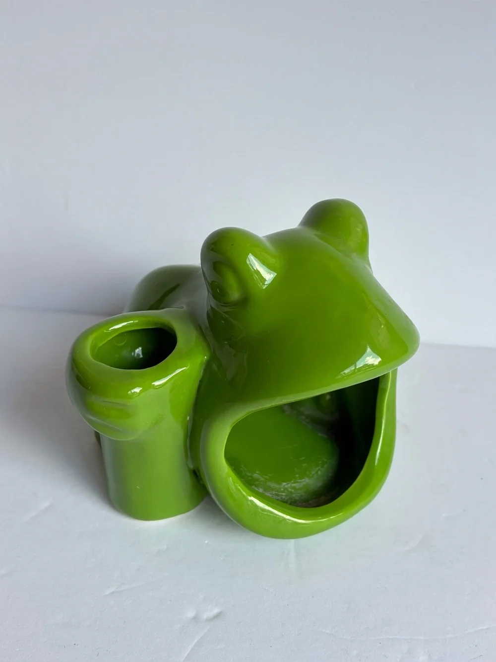 Big Mouth Frog Green Scrubber Sponge Holder w Vase or Brush Holder Ceramic 4